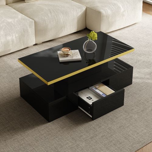Table Basse Rectangulaire Noire Avec Tiroir, 2 Niveaux De Rangement Et Éclairage LED