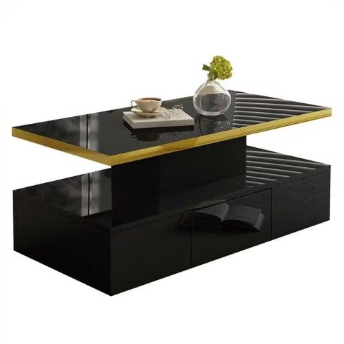 Table Basse Rectangulaire Noire Avec Tiroir, 2 Niveaux De Rangement Et Éclairage LED