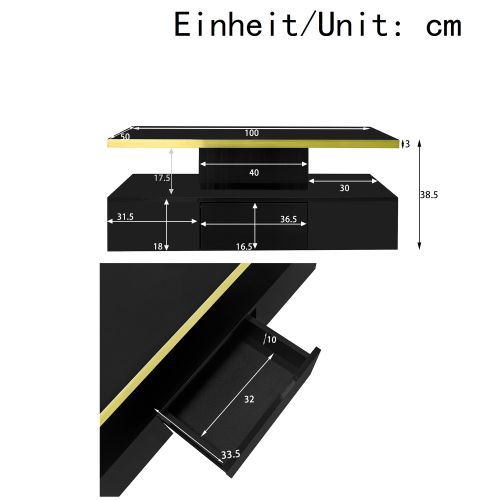 Table Basse Rectangulaire Noire Avec Tiroir, 2 Niveaux De Rangement Et Éclairage LED