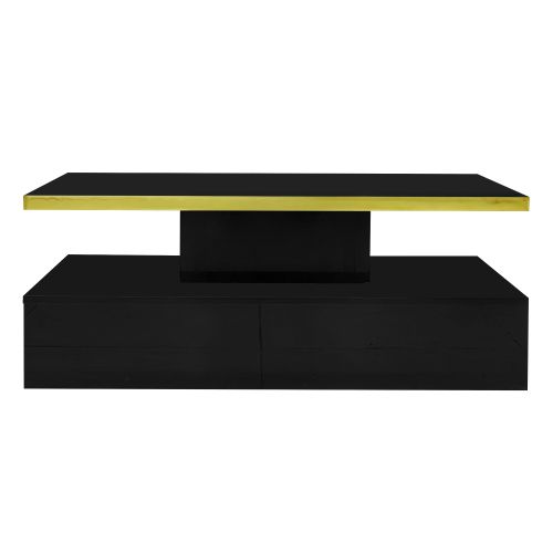 Table Basse Rectangulaire Noire Avec Tiroir, 2 Niveaux De Rangement Et Éclairage LED