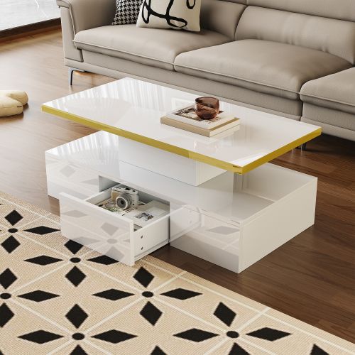 Table Basse Rectangulaire Blanche Avec Tiroir, 2 Niveaux De Rangement Et Éclairage LED