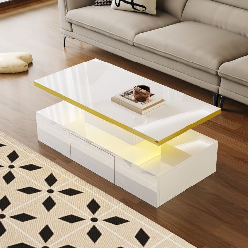 Table Basse Rectangulaire Blanche Avec Tiroir, 2 Niveaux De Rangement Et Éclairage LED