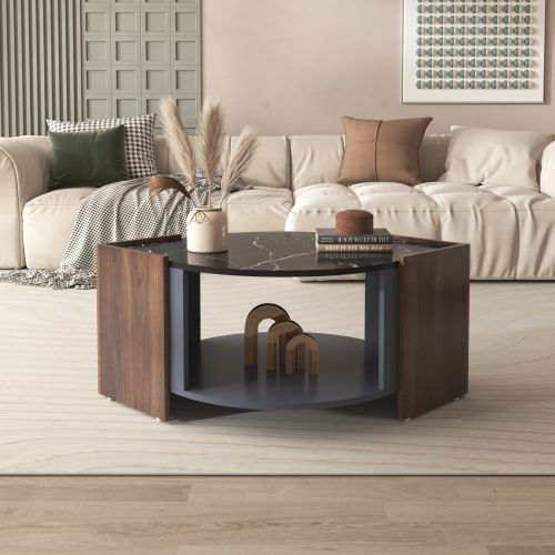 Table Basse Noire Avec Rangement Ouvert, En Placage De Marbre, Table Basse Pour Salon