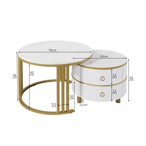 Lot De 2 Tables Basses Gigognes Rondes Blanches Avec 2 Tiroirs, En Placage De Marbre, Cadre Doré