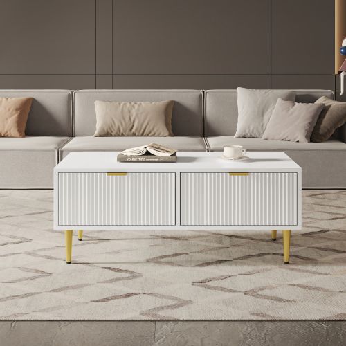Table Basse Rectangulaire Blanche Avec 2 Tiroirs, Design à Rayures Verticales, Table Basse De Salon