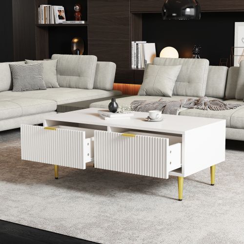 Table Basse Rectangulaire Blanche Avec 2 Tiroirs, Design à Rayures Verticales, Table Basse De Salon