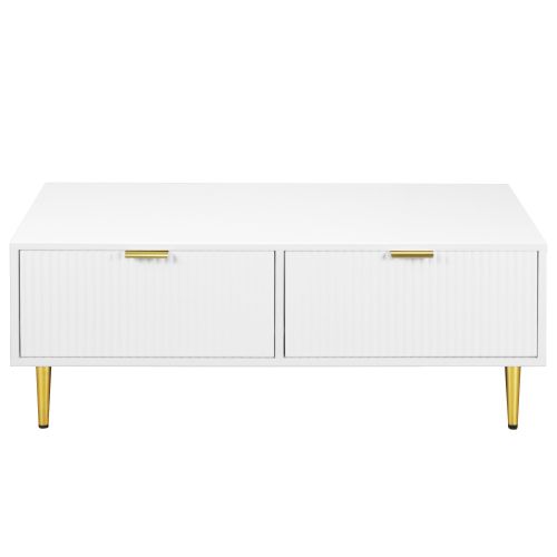 Table Basse Rectangulaire Blanche Avec 2 Tiroirs, Design à Rayures Verticales, Table Basse De Salon