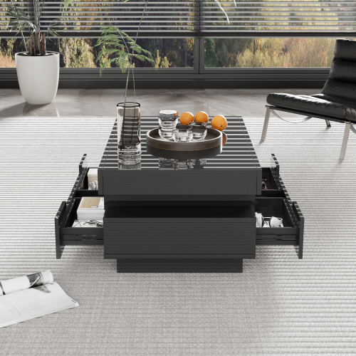 Table Basse Rectangulaire Noire Avec Éclairage LED, Rangements Ouverts Et 4 Tiroirs