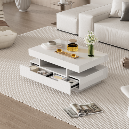 Table Basse Rectangulaire Blanche Avec Éclairage LED, Rangements Ouverts Et 4 Tiroirs