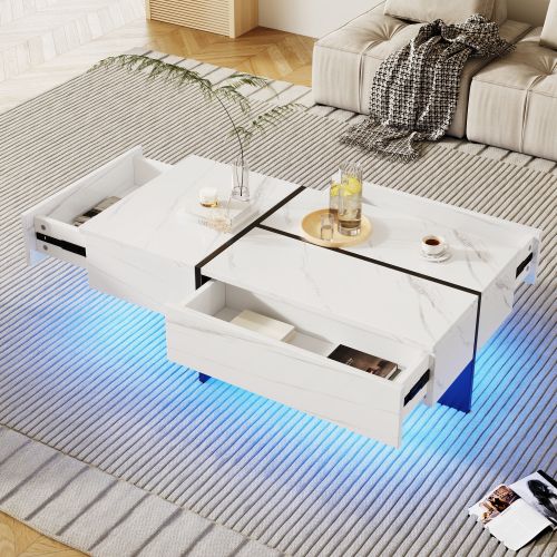 Table Basse Rectangulaire Blanche Avec Éclairage LED, 3 Tiroirs, En Placage De Marbre