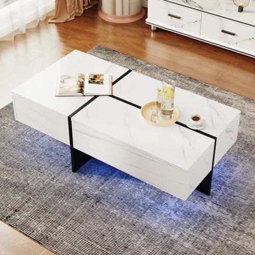 Table Basse Rectangulaire Blanche Avec Éclairage LED, 3 Tiroirs, En Placage De Marbre