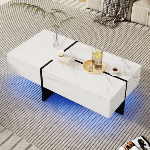 Table Basse Rectangulaire Blanche Avec Éclairage LED, 3 Tiroirs, En Placage De Marbre