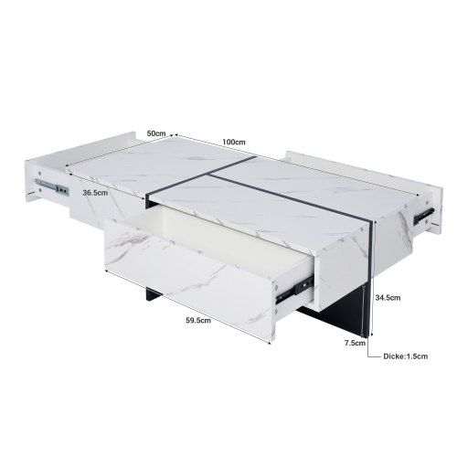 Table Basse Rectangulaire Blanche Avec Éclairage LED, 3 Tiroirs, En Placage De Marbre
