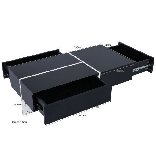 Table Basse Rectangulaire Noire Avec Éclairage LED, 3 Tiroirs, En Placage De Marbre