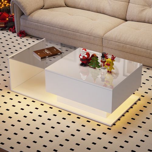 Table Basse Rectangulaire Blanche Avec Rangement, Plateau En Verre Et 1 Tiroir, Éclairage LED