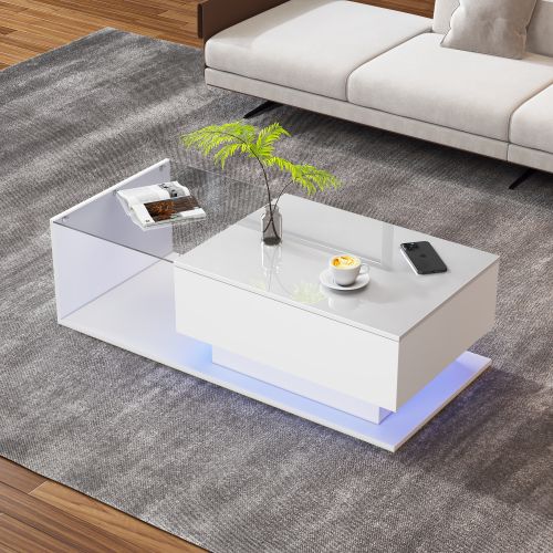 Table Basse Rectangulaire Blanche Avec Rangement, Plateau En Verre Et 1 Tiroir, Éclairage LED