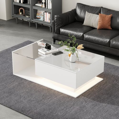Table Basse Rectangulaire Blanche Avec Rangement, Plateau En Verre Et 1 Tiroir, Éclairage LED