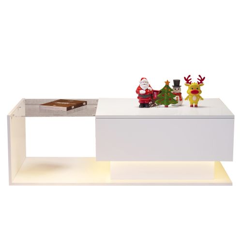 Table Basse Rectangulaire Blanche Avec Rangement, Plateau En Verre Et 1 Tiroir, Éclairage LED