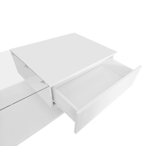 Table Basse Rectangulaire Blanche Avec Rangement, Plateau En Verre Et 1 Tiroir, Éclairage LED
