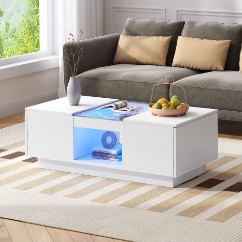 Table Basse Rectangulaire Blanche Avec Panneau En Verre, Éclairage LED Et 2 Tiroirs