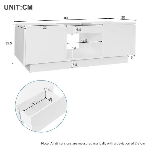 Table Basse Rectangulaire Blanche Avec Panneau En Verre, Éclairage LED Et 2 Tiroirs