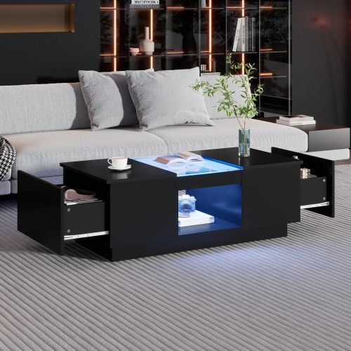 Table Basse Rectangulaire Noire Avec Panneau En Verre, Éclairage LED Et 2 Tiroirs