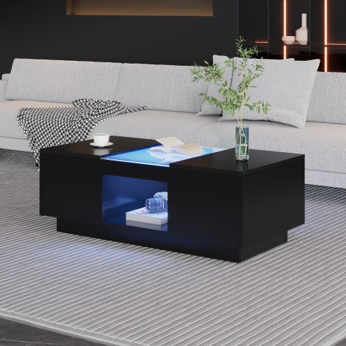 Table Basse Rectangulaire Noire Avec Panneau En Verre, Éclairage LED Et 2 Tiroirs