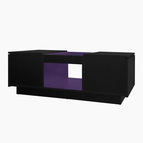 Table Basse Rectangulaire Noire Avec Panneau En Verre, Éclairage LED Et 2 Tiroirs