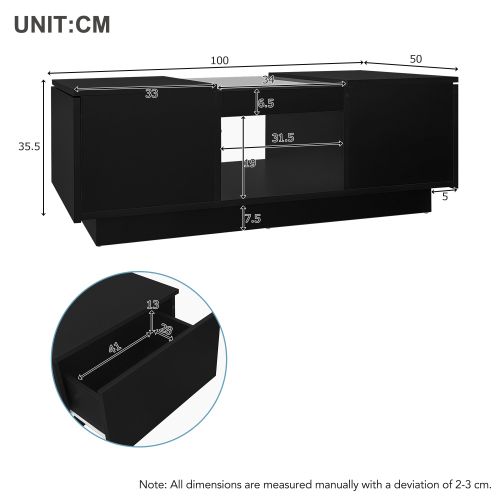 Table Basse Rectangulaire Noire Avec Panneau En Verre, Éclairage LED Et 2 Tiroirs