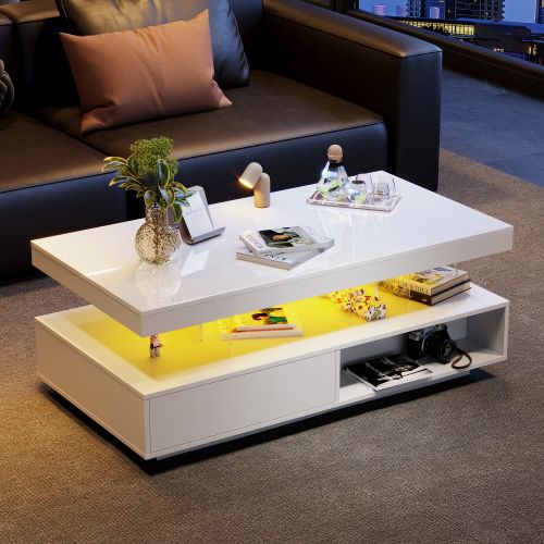 Table Basse Rectangulaire Blanche Avec 4 Plateaux En Verre, 2 Tiroirs Et 2 Compartiments Ouverts