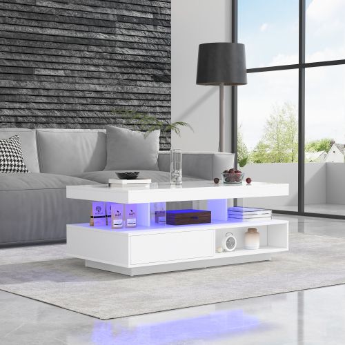 Table Basse Rectangulaire Blanche Avec 4 Plateaux En Verre, 2 Tiroirs Et 2 Compartiments Ouverts
