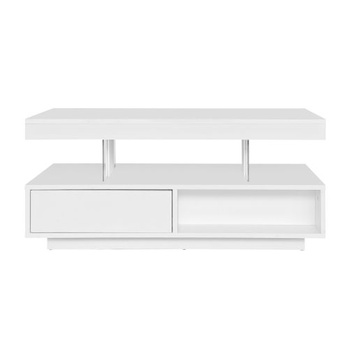 Table Basse Rectangulaire Blanche Avec 4 Plateaux En Verre, 2 Tiroirs Et 2 Compartiments Ouverts