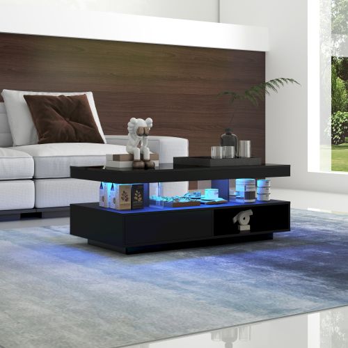 Table Basse Rectangulaire Noire Avec 4 Plateaux En Verre, 2 Tiroirs Et 2 Compartiments Ouverts