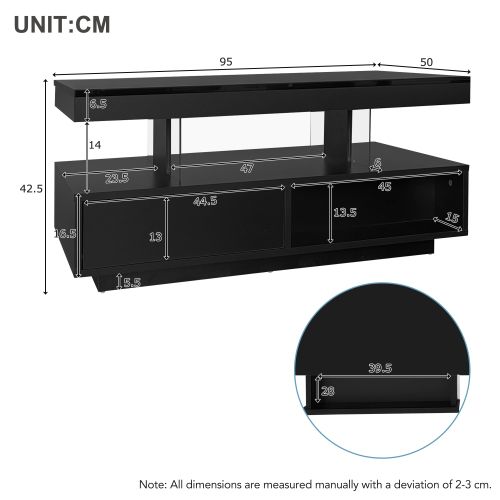 Table Basse Rectangulaire Noire Avec 4 Plateaux En Verre, 2 Tiroirs Et 2 Compartiments Ouverts