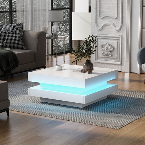 Table Basse Carrée Blanche Avec Plateau Rotatif, Avec Lumière LED, Table Basse Pour Salon