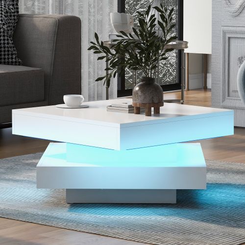 Table Basse Carrée Blanche Avec Plateau Rotatif, Avec Lumière LED, Table Basse Pour Salon