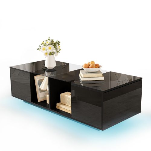 Table Basse Rectangulaire Noire Avec Éclairage LED, Plateau En Verre, Rangement Ouvert Et 2 Casiers