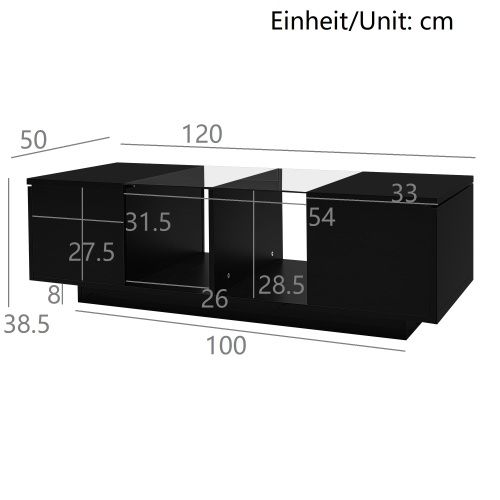 Table Basse Rectangulaire Noire Avec Éclairage LED, Plateau En Verre, Rangement Ouvert Et 2 Casiers