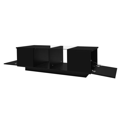 Table Basse Rectangulaire Noire Avec Éclairage LED, Plateau En Verre, Rangement Ouvert Et 2 Casiers