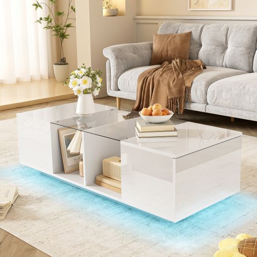 Table Basse Rectangulaire Blanche Avec Éclairage LED, Rangement Ouvert Et 2 Casiers