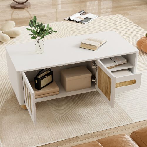 Table Basse Rectangulaire Blanche Et Bois Avec 4 Portes, 2 Tiroirs, Rangement Ouvert, LED