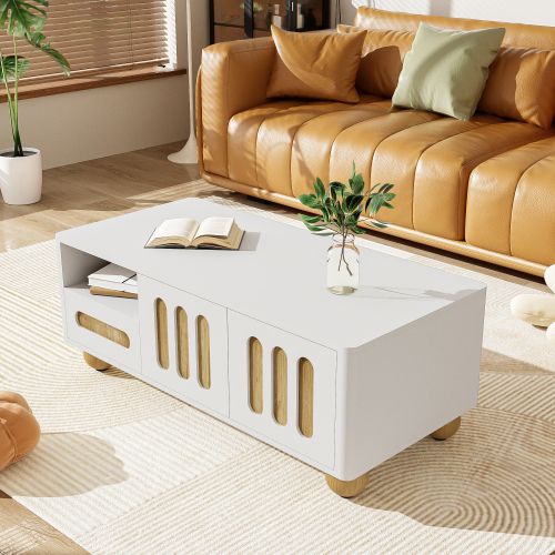 Table Basse Rectangulaire Blanche Et Bois Avec 4 Portes, 2 Tiroirs, Rangement Ouvert, LED