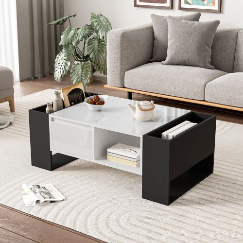 Table Basse Rectangulaire Noire Et Blanche Avec Tiroir Et 4 Compartiments Ouverts