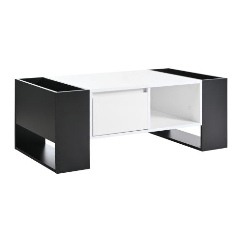 Table Basse Rectangulaire Noire Et Blanche Avec Tiroir Et 4 Compartiments Ouverts