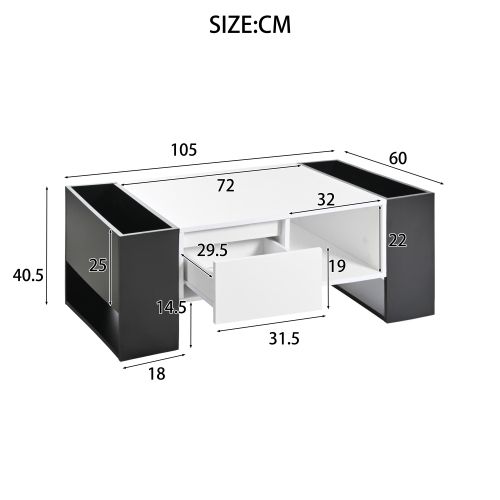 Table Basse Rectangulaire Noire Et Blanche Avec Tiroir Et 4 Compartiments Ouverts