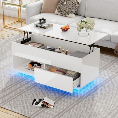 Table Basse Relevable Rectangulaire Blanche Avec Éclairage LED, 1 Tiroir, 2 Espaces De Rangement