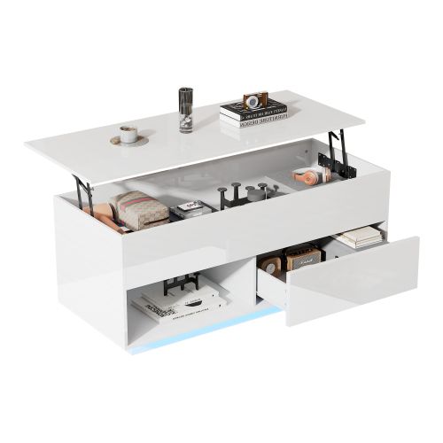 Table Basse Relevable Rectangulaire Blanche Avec Éclairage LED, 1 Tiroir, 2 Espaces De Rangement