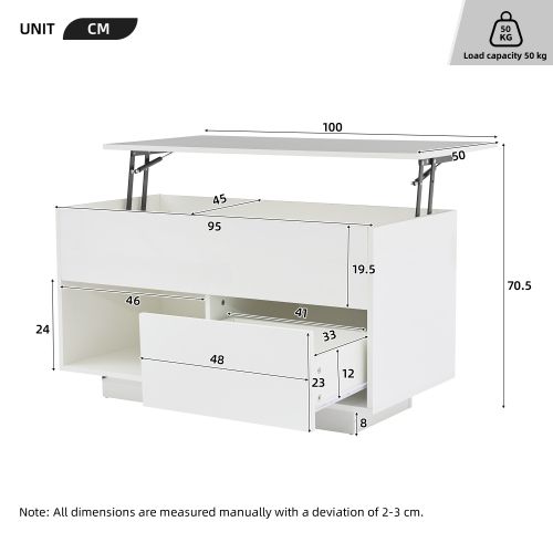 Table Basse Relevable Rectangulaire Blanche Avec Éclairage LED, 1 Tiroir, 2 Espaces De Rangement