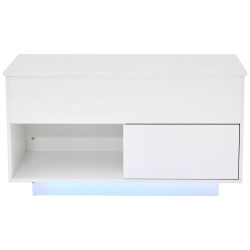 Table Basse Relevable Rectangulaire Blanche Avec Éclairage LED, 1 Tiroir, 2 Espaces De Rangement