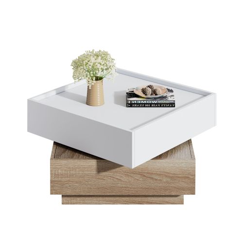 Table Basse Carré Blanche Et Bois Avec Plateau Rotatif à 360° Et 2 Tiroirs, Table Basse Pour Salon
